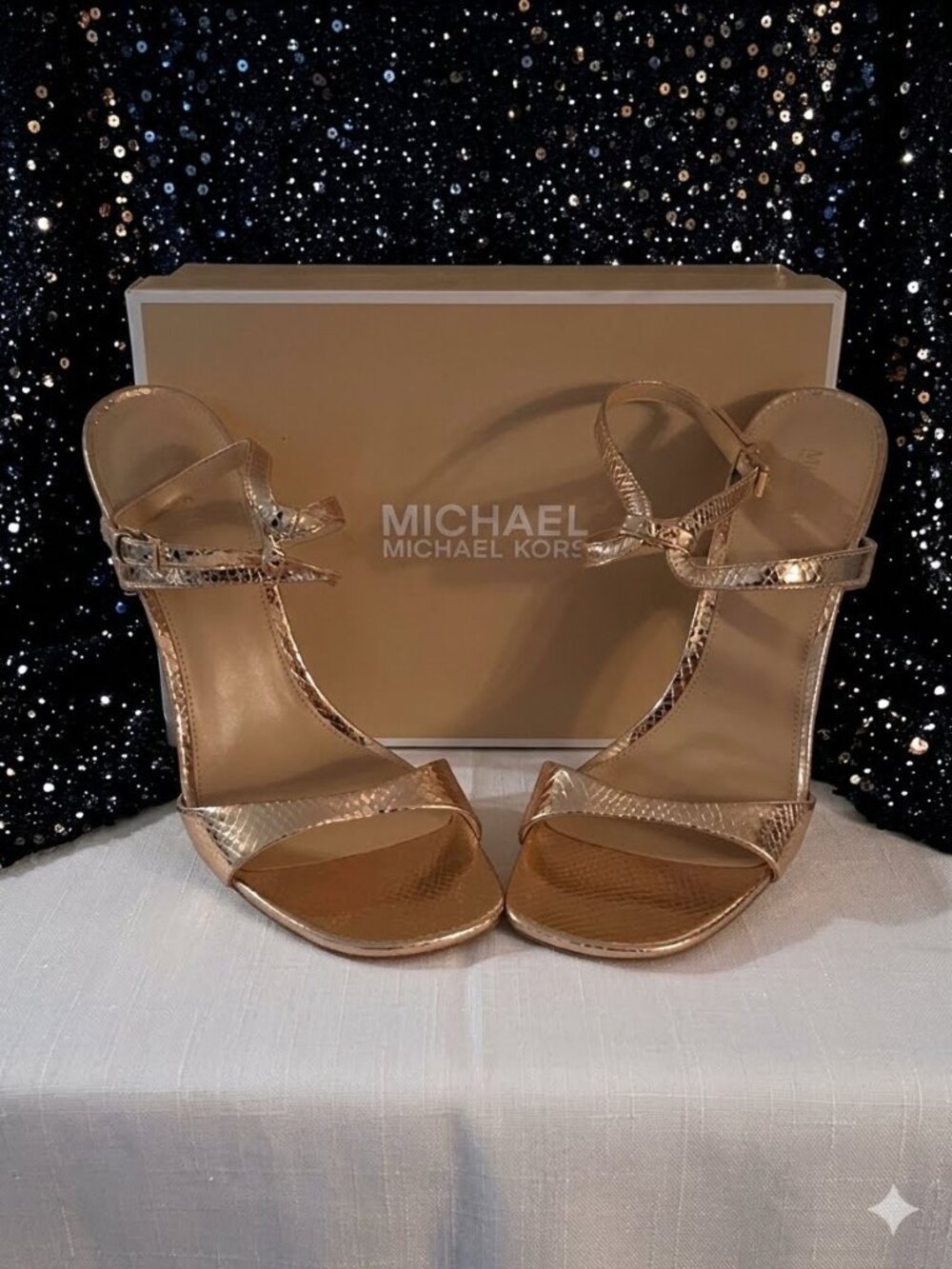 Michael Kors Amara High Sandal Gold Snake Embossed Ankle Strap Heel 9.5
